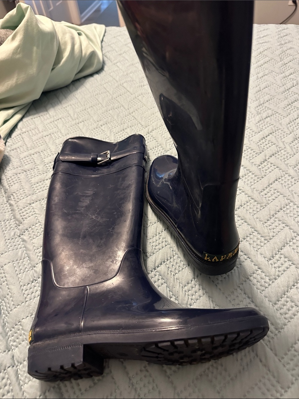 Lauren Ralph Lauren Women's Navy Tall Rain Boots with Buckle Accent sz 8